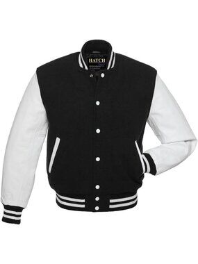 Men’s Black White Genuine Leather Sleeve Varsity Letterman Jacket
